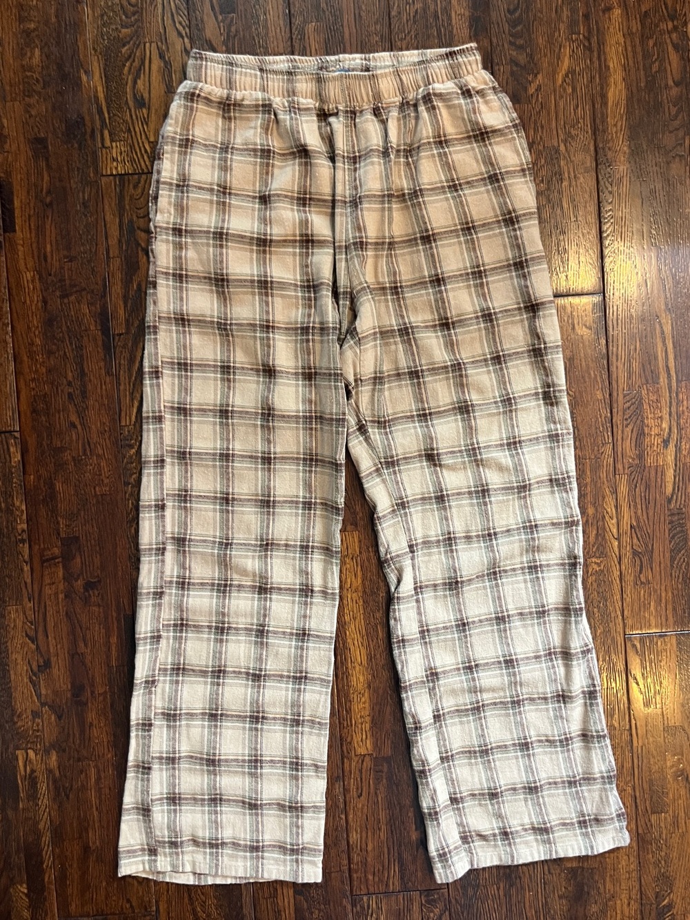 Brandy Melville Plaid Drawstring Pants in Beige and Brown